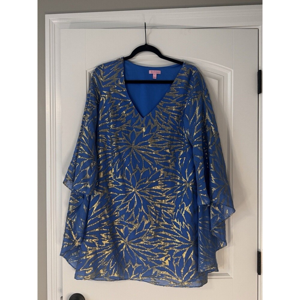 Lilly Pulitzer Silk Dress 10 Blue Gold Metallic Floral Flutter Sleeve Tunic